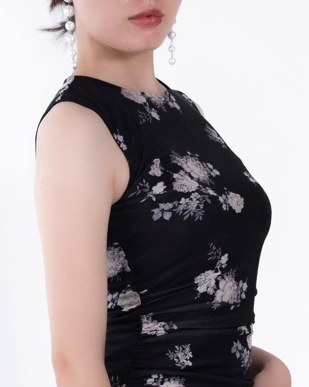 Floral Print Mesh Ruched Black Bodycon Dress - Image 3