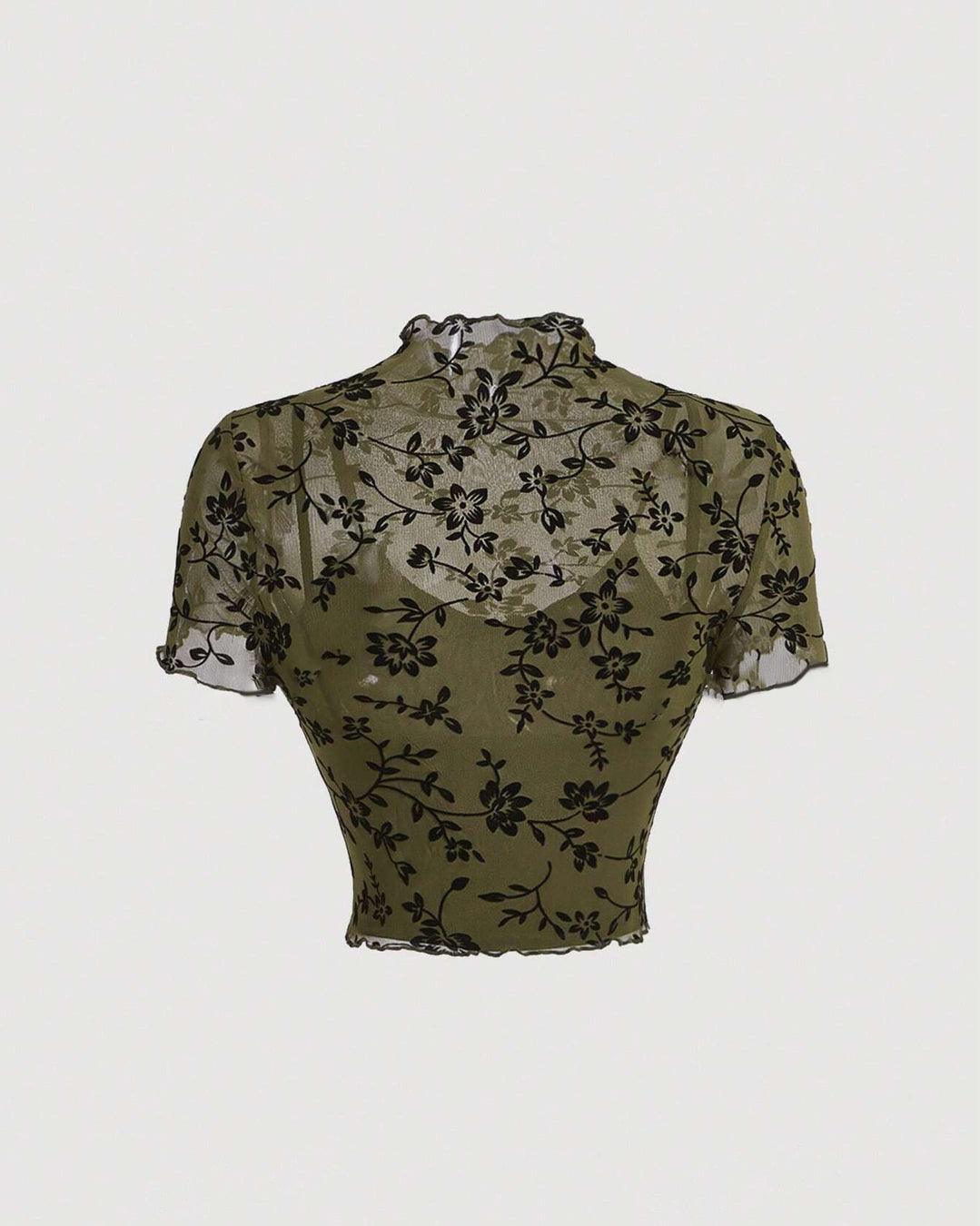 Floral Print Mock Neck Lettuce Trim Mesh Top - Image 3
