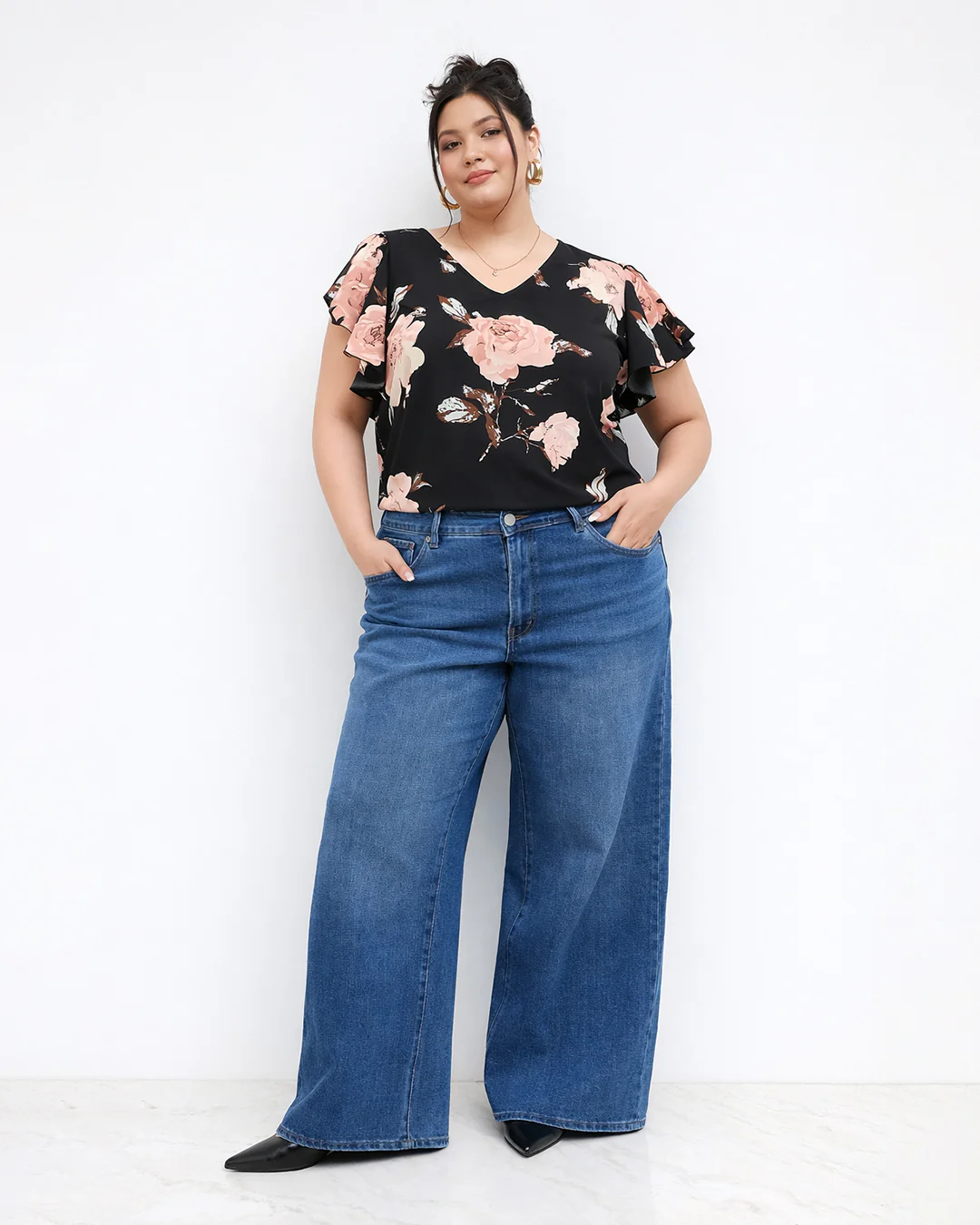 Floral Print Ruffle Sleeve V Neck Top Curve & Plus - Image 3