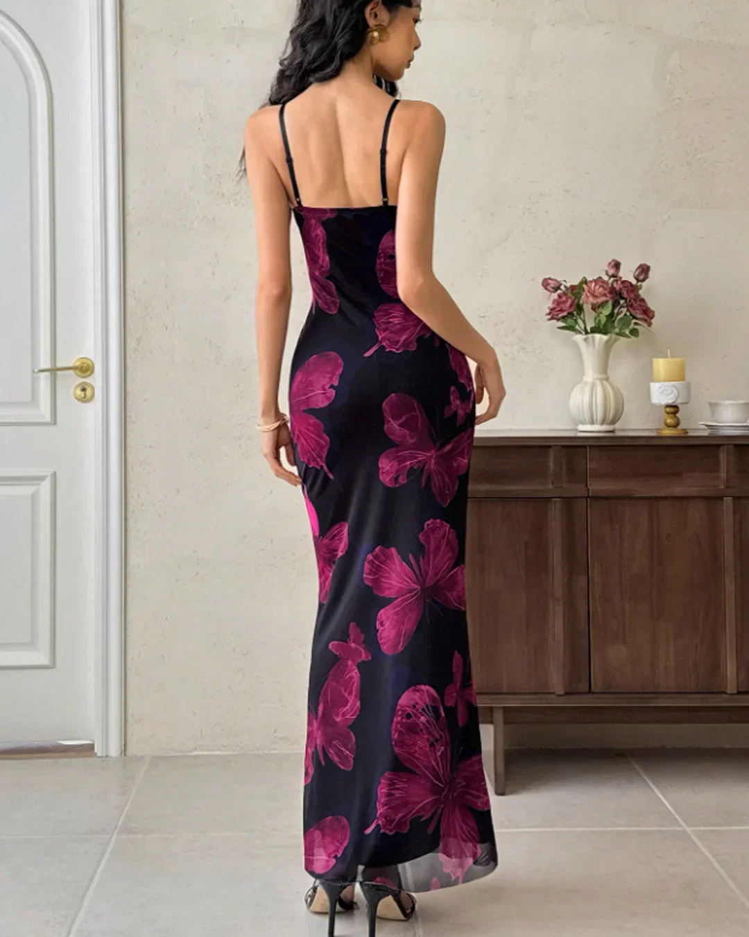 Floral Print Slim Fit Spaghetti Strap Maxi Dress - Image 3