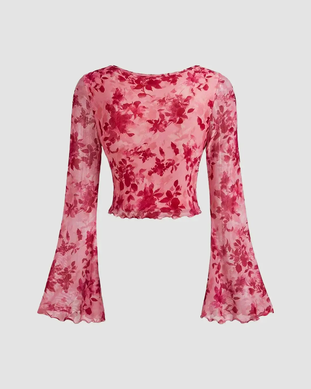 V Neck Tie-Up Bell Sleeve Floral Crop Top in Pink - Image 3