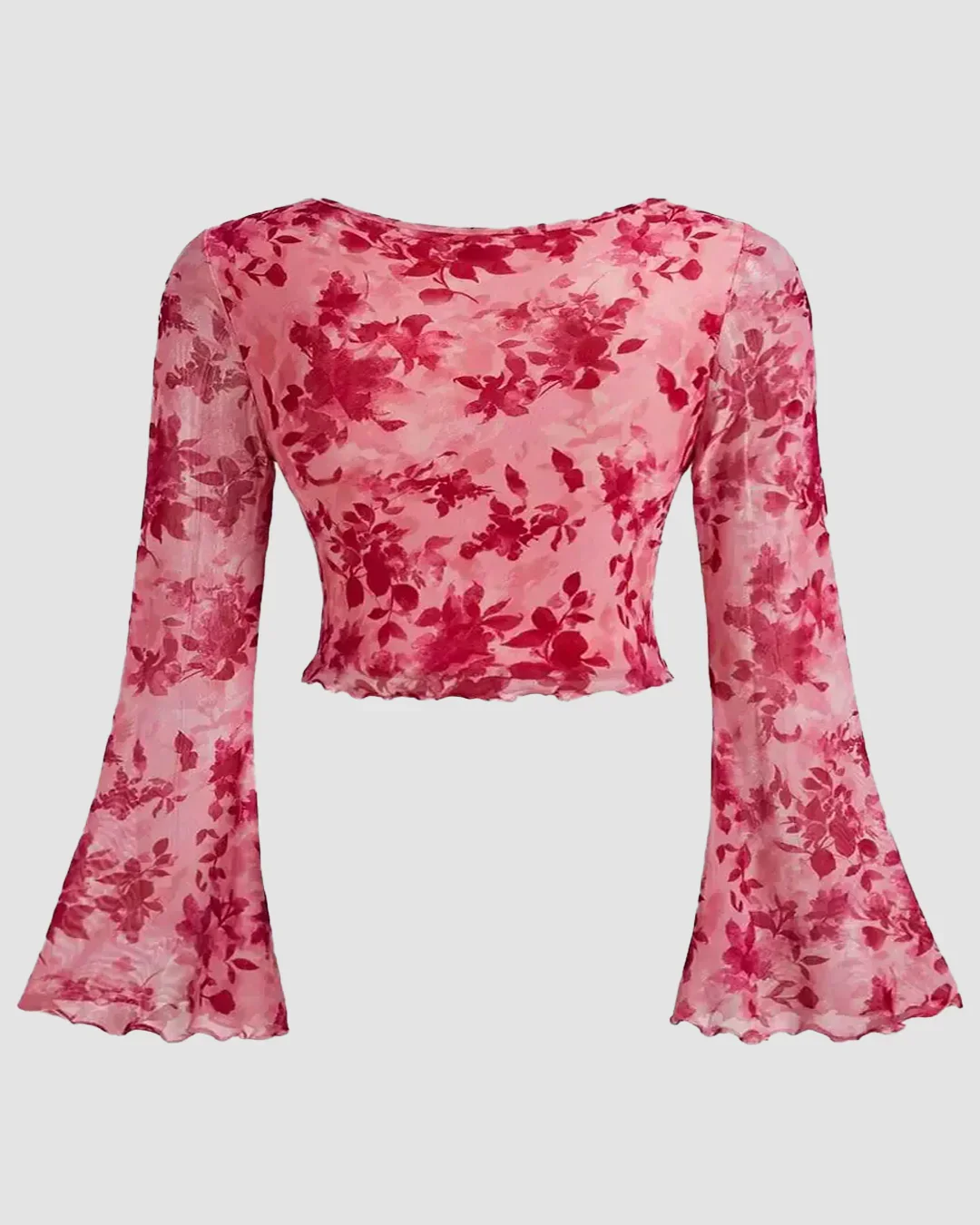 Floral Print Tie Front Bell Sleeve Mesh Crop Top Curve & Plus - Image 2