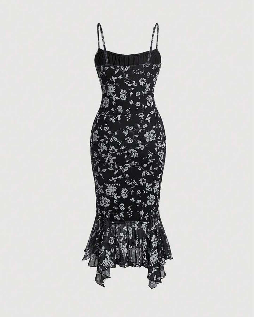 Floral Print Tie Front Ruched Bust Mermaid Cami Dress - Image 2