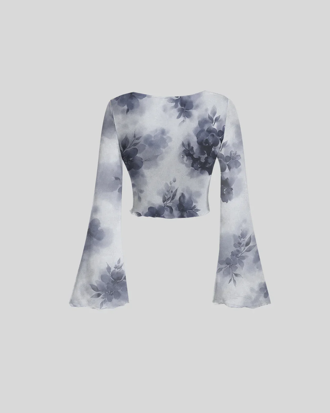 Floral Print Tie Front V-Neck Bell Sleeve Mesh Crop Top - Image 2