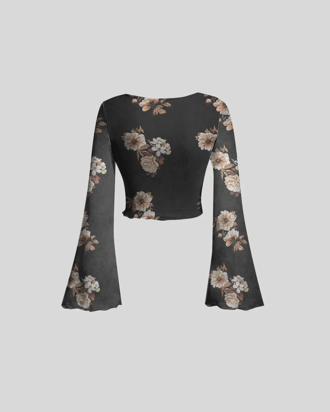 Floral Print Tie Front V-Neck Bell Sleeve Mesh Top - Image 2