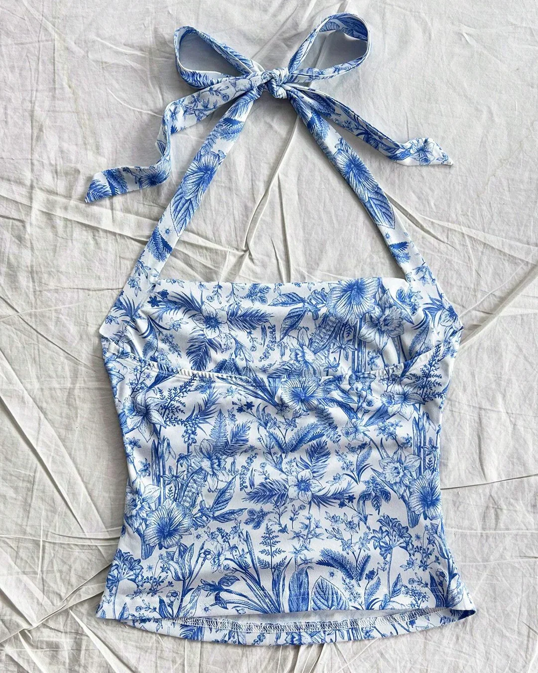 Floral Ruched Halter Neck Top with Tie Straps - Image 2