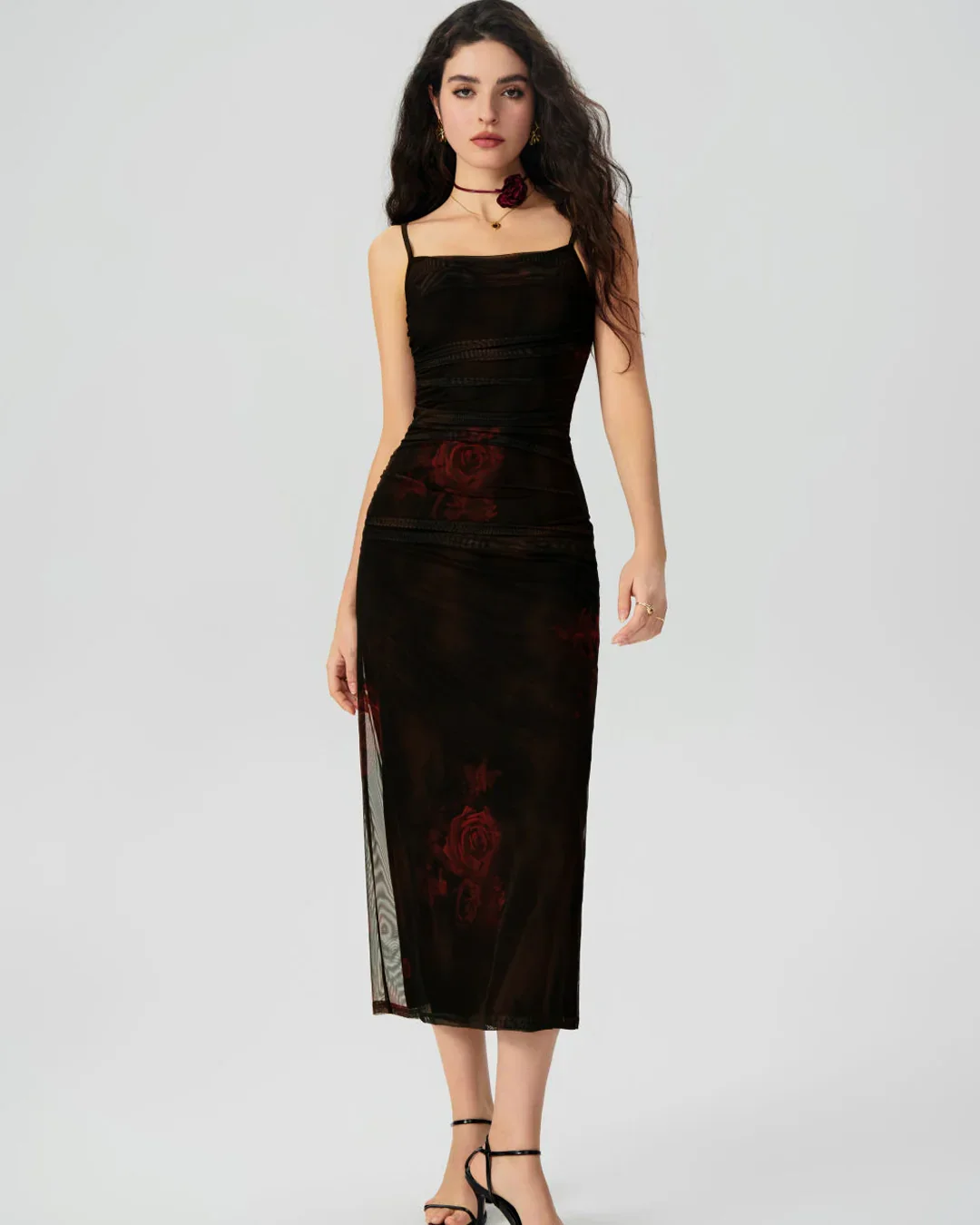 Floral Ruched Mesh Maxi Dress - Image 4