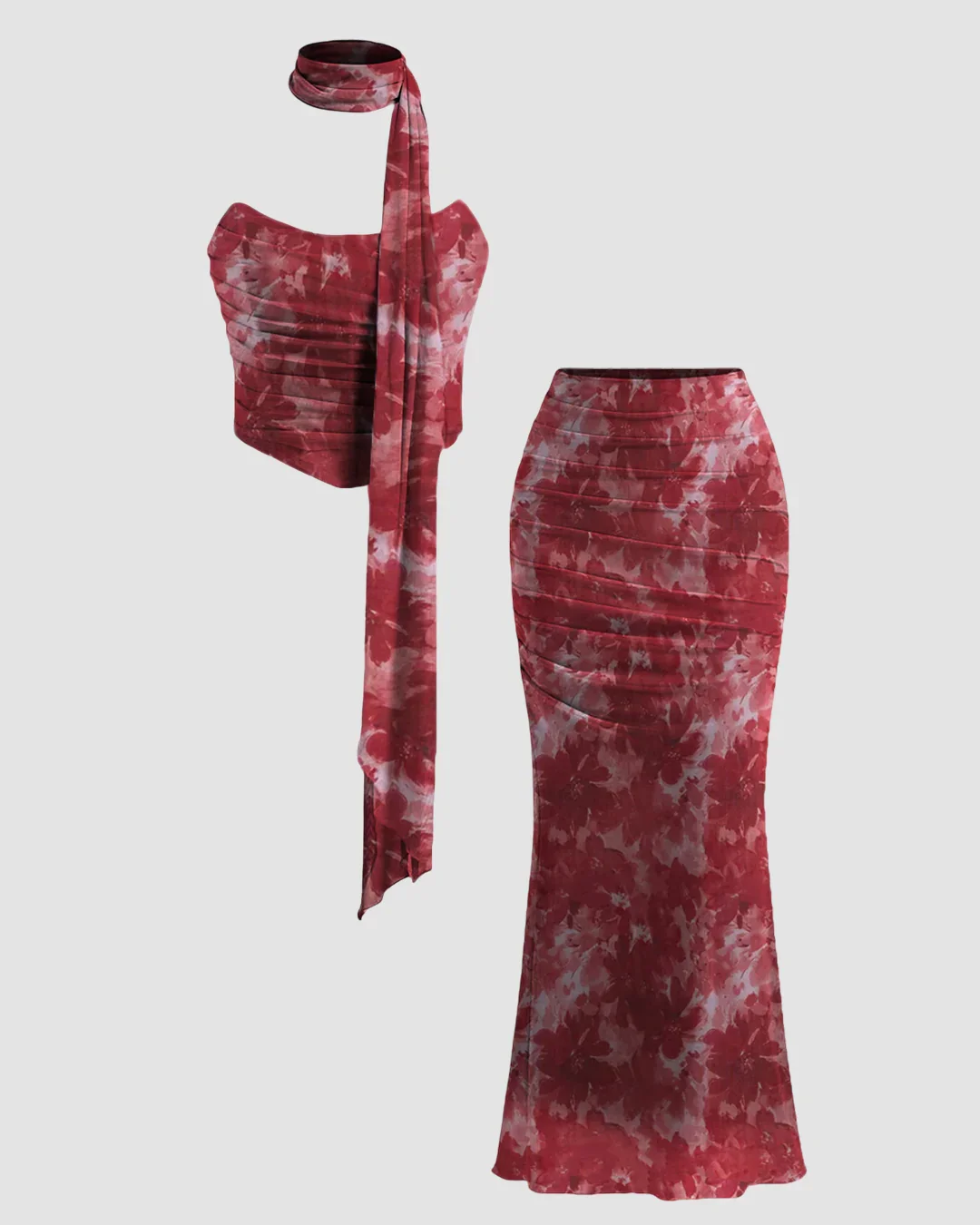Floral Strapless Crop Top & Bodycon Maxi Skirt Co-ords Set with scarf - Image 2