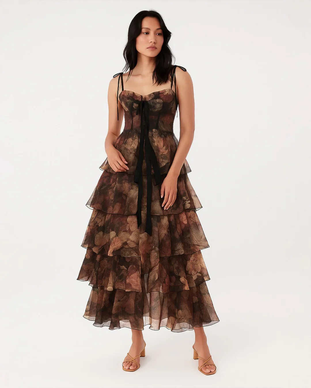 Floral Corset Fit Tiered Ruffle Midi Gown With Detachable Skirt - Image 2