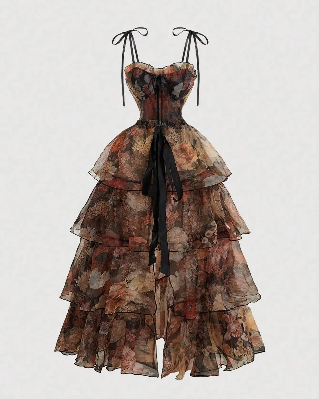 Floral Corset Fit Tiered Ruffle Midi Gown With Detachable Skirt - Image 5