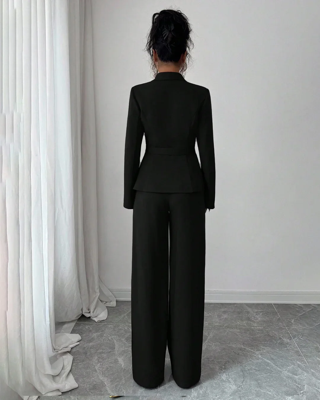 Formal A-Line Hem Long Sleeve Waist Coat and Flared Trouser Suit-Set In Black - Image 3