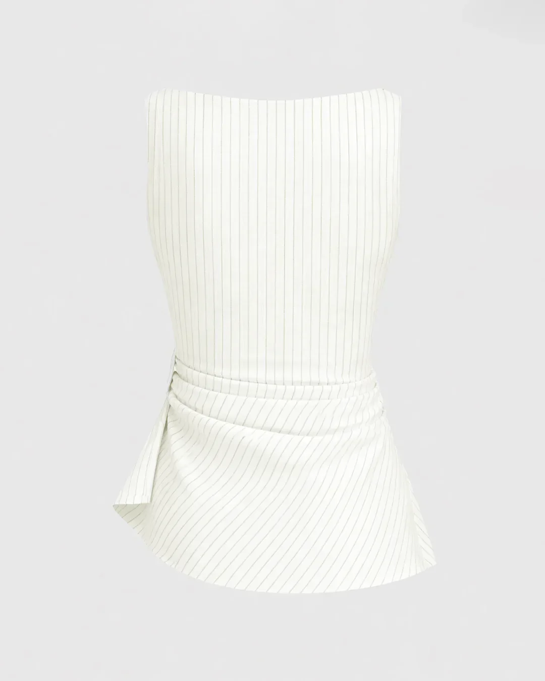 Formal Linen-blend Stripe Boat Neck Ruched Split Side Top In White - Image 2