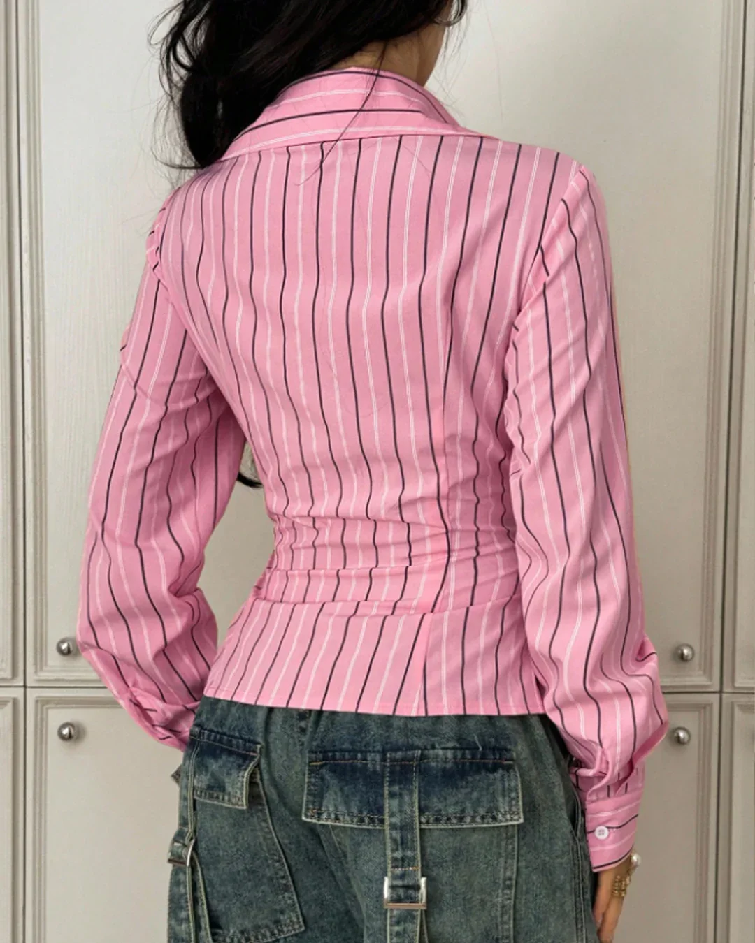 Formal Striped Collared Neck Long Sleeve Shirt in Pink - Image 2