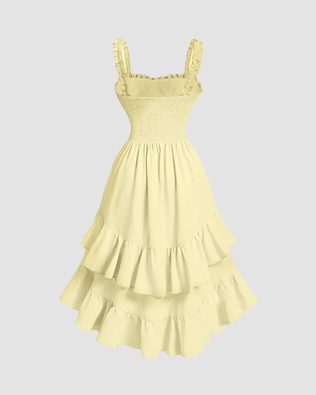 French Vanilla Ruched Square Neck Ruffle High-Low Midi Dress with Ruffle Hem - Image 3