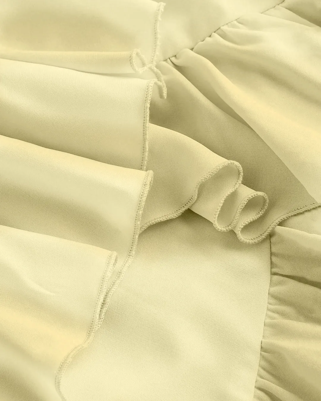 French Vanilla Ruched Square Neck Ruffle High-Low Midi Dress with Ruffle Hem - Image 4