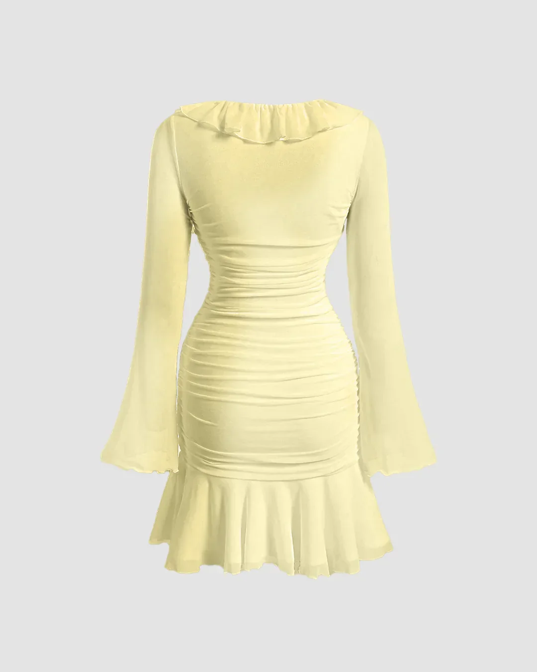 Ruffled V Neck Tie Up Long Sleeve Mini Dress in French Vanilla - Image 3