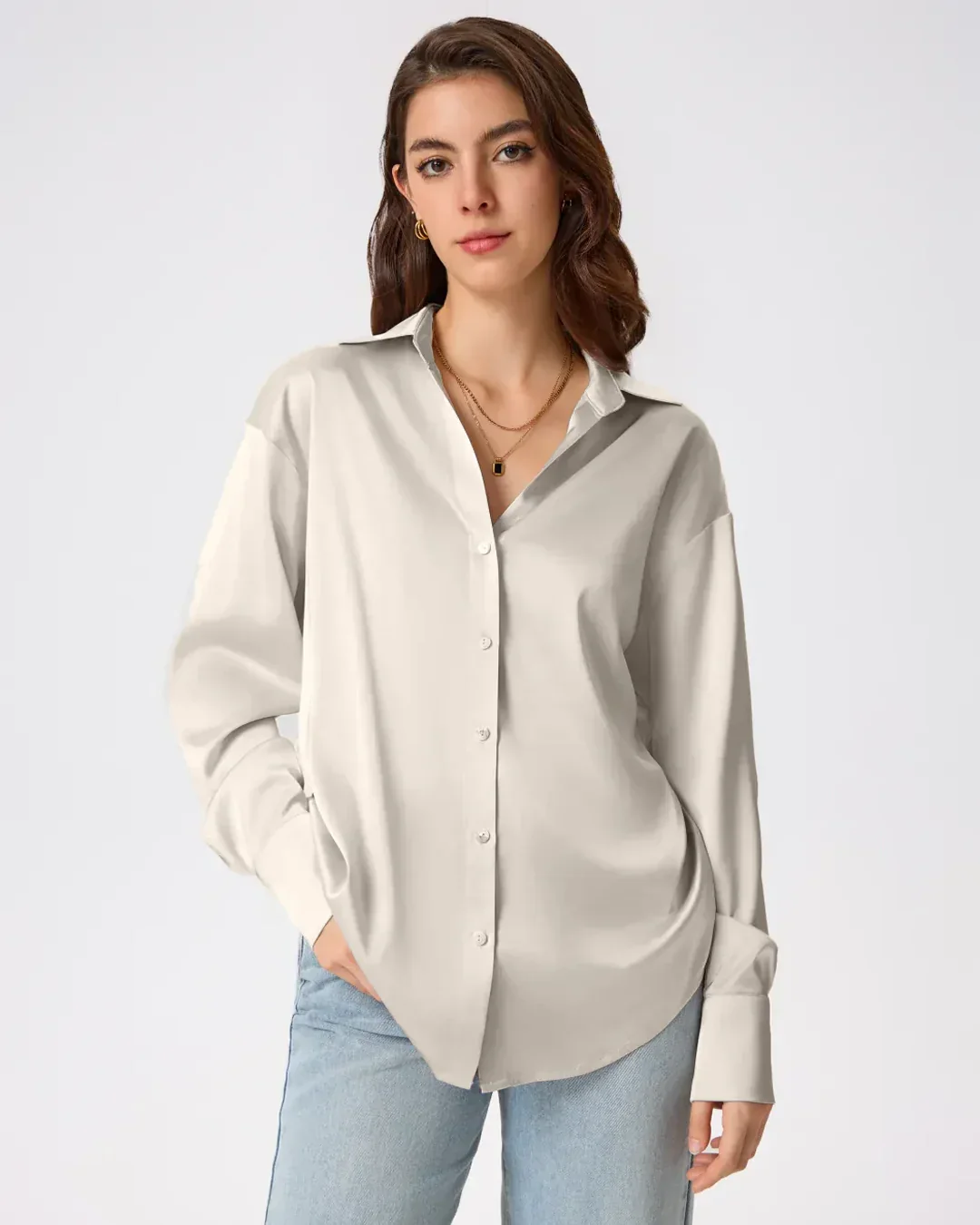 Front Button Collar Full Sleeve Shirt in Cream - Image 3