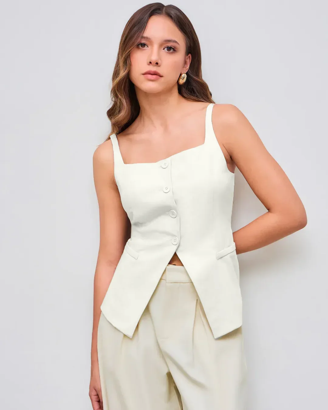 Front Button Slit Top with Spaghetti Straps in Milky White - Image 3