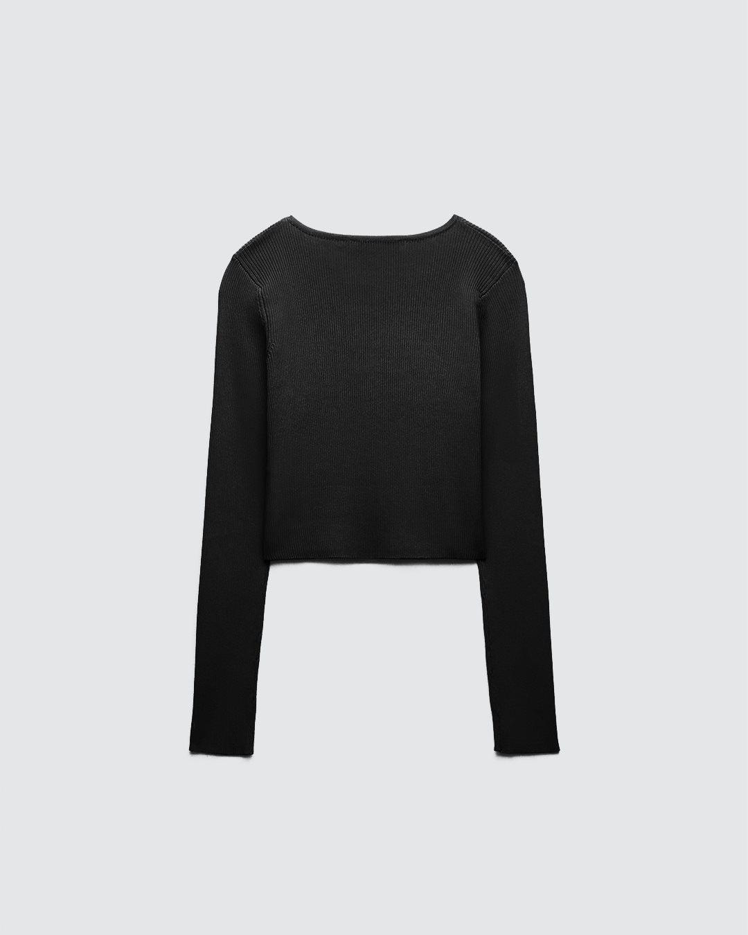 Front Open Style Full Sleeve Ribbed Top In Black - Image 2