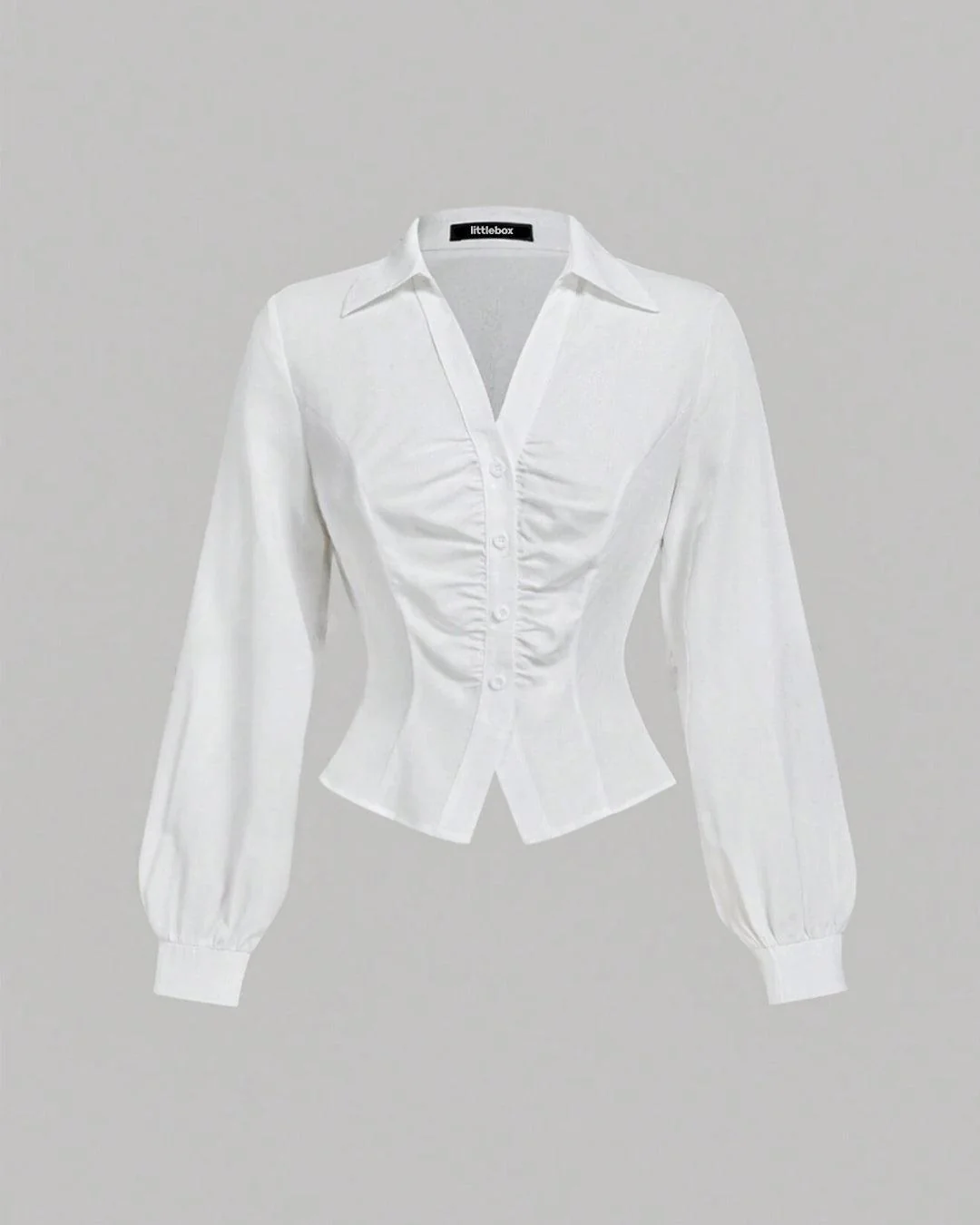 Front Pleated Fitted Long Sleeve White Shirt