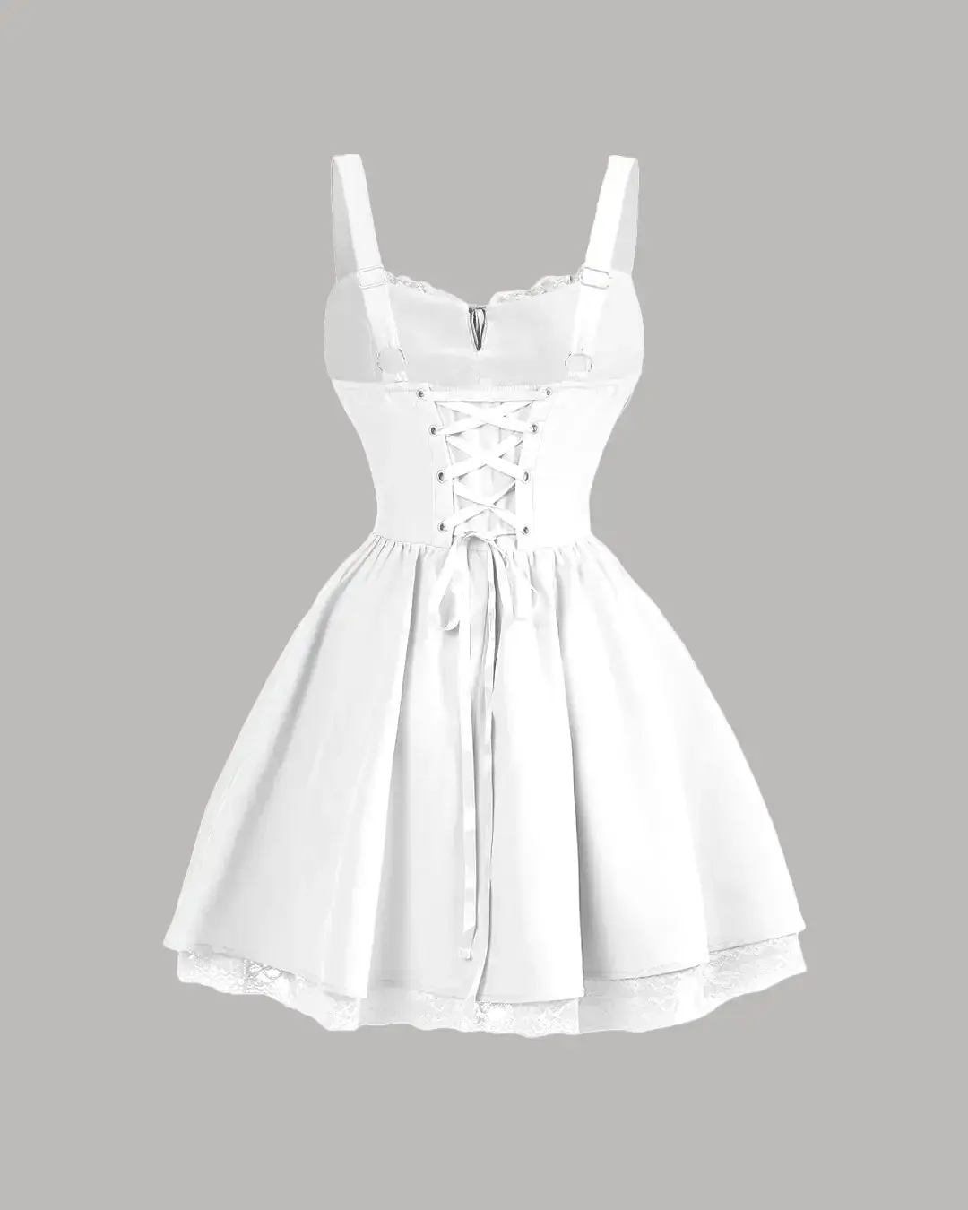 Front Striped Bustier Lace Patchwork Back Tie Up Crop Mini Dress In White - Image 3