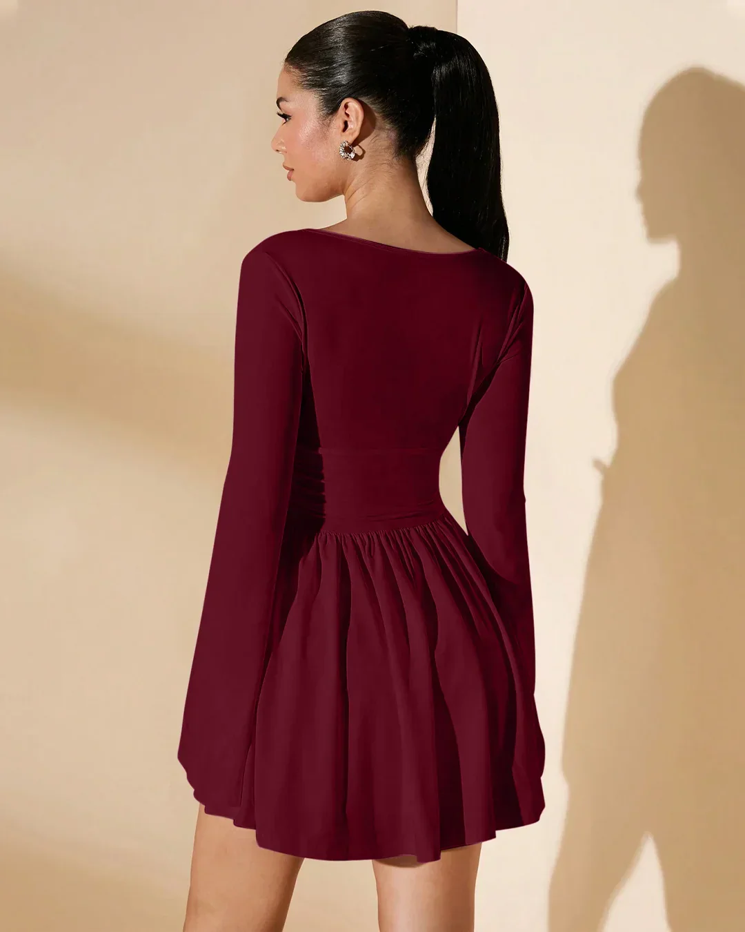 Full Sleeve Flared Mini Dress with V-Neckline in Burgundy - Image 2