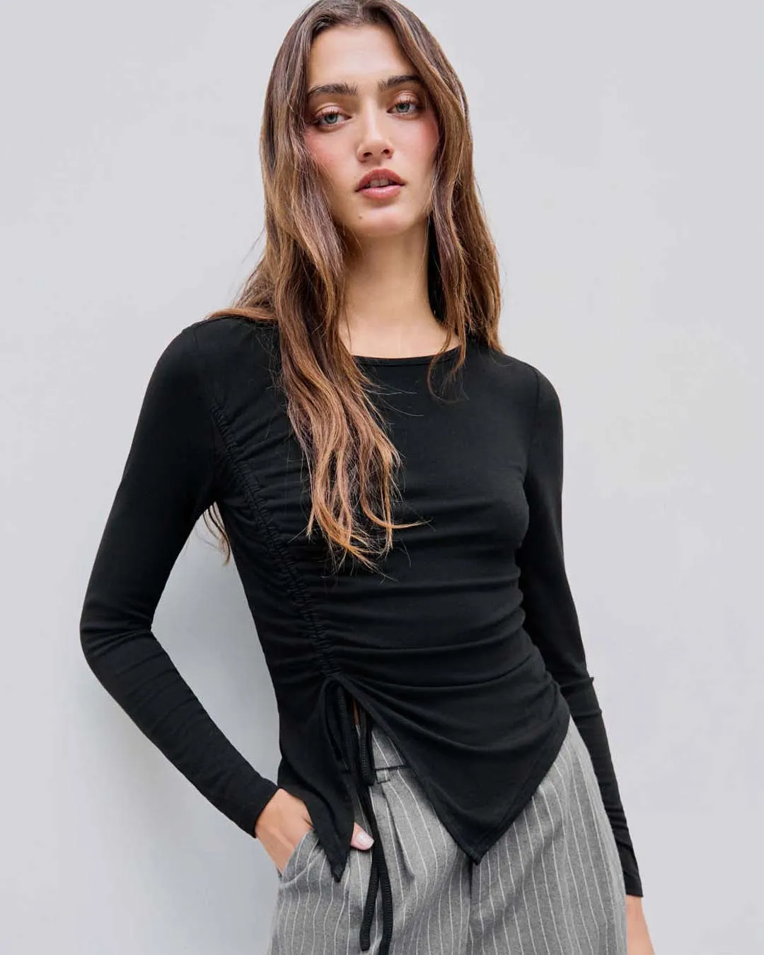 Gathered Detailed Long Sleeves Solid Drawstring Round Neck Black Top - Image 3