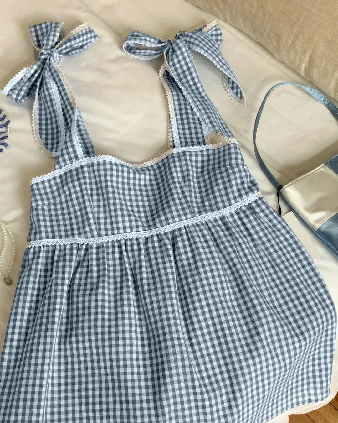 Gingham Check Tie Strap Sleeveless Top in Checks Blue - Image 2