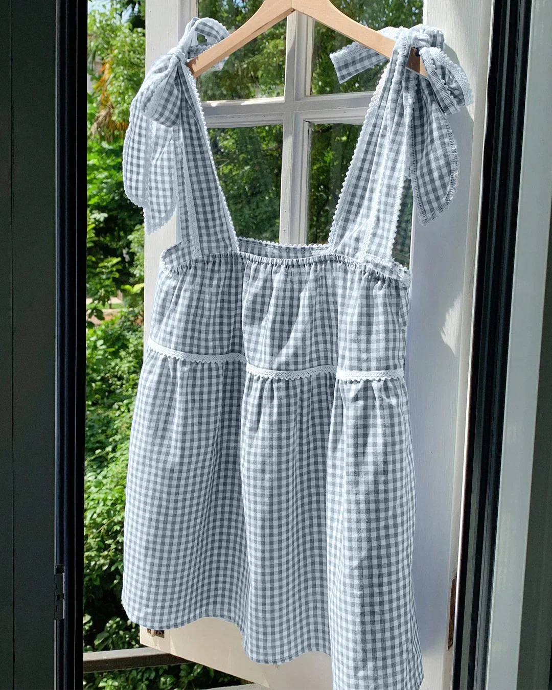 Gingham Check Tie Strap Sleeveless Top in Checks Blue - Image 3