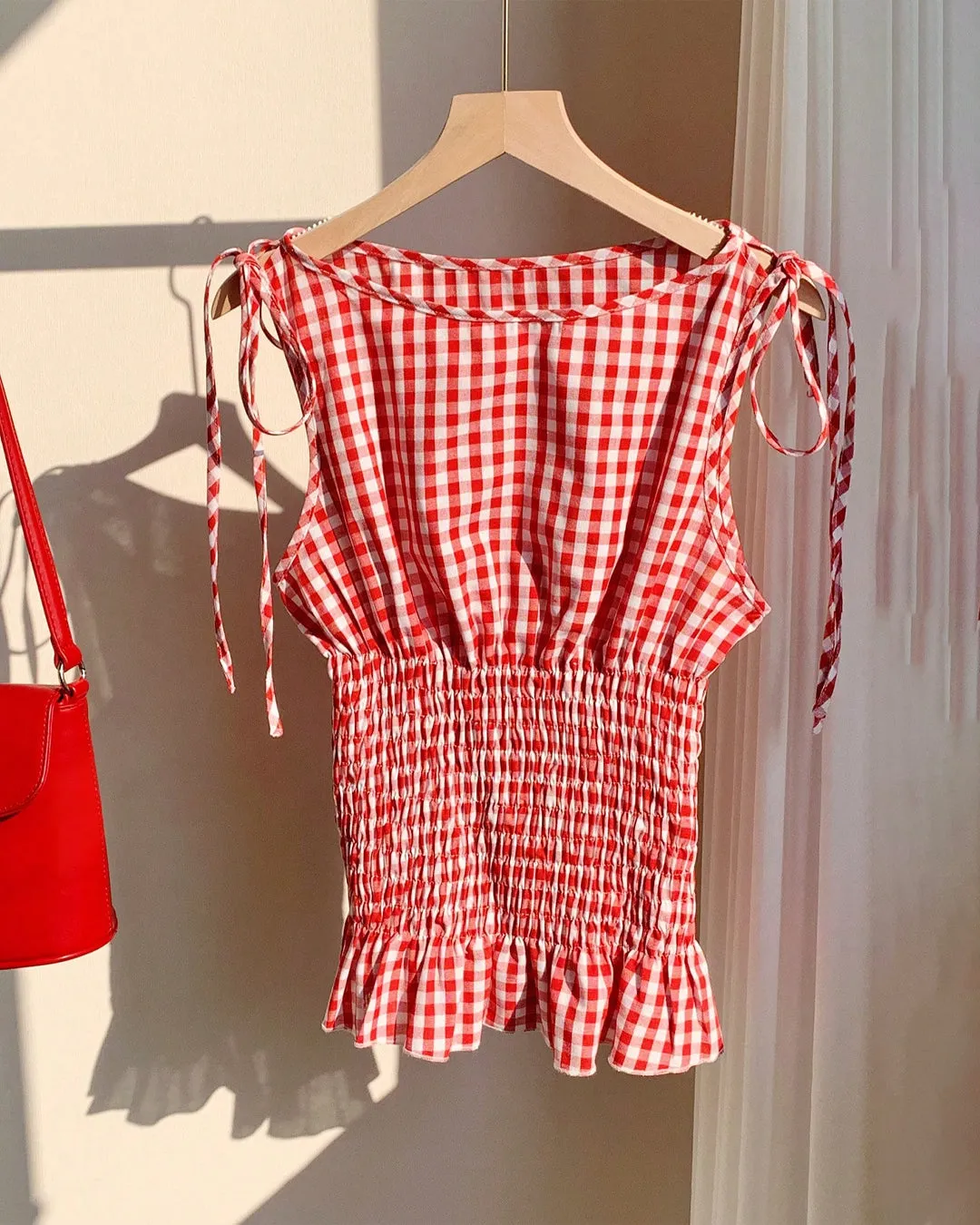 Gingham Smocked Tie Strap Crop Top - Image 2