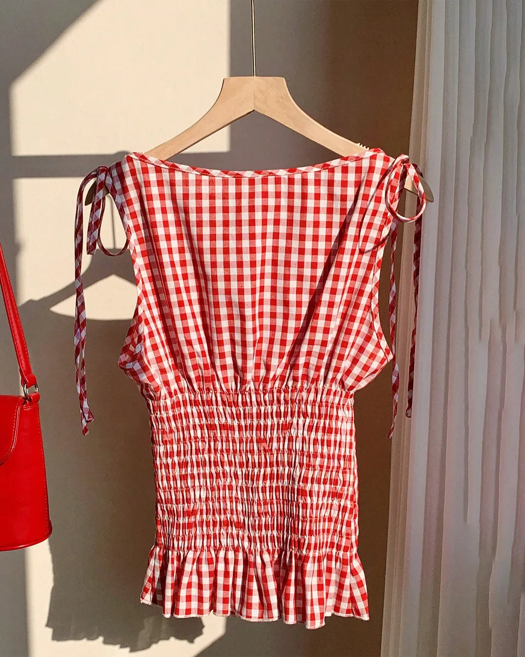 Gingham Smocked Tie Strap Crop Top - Image 3