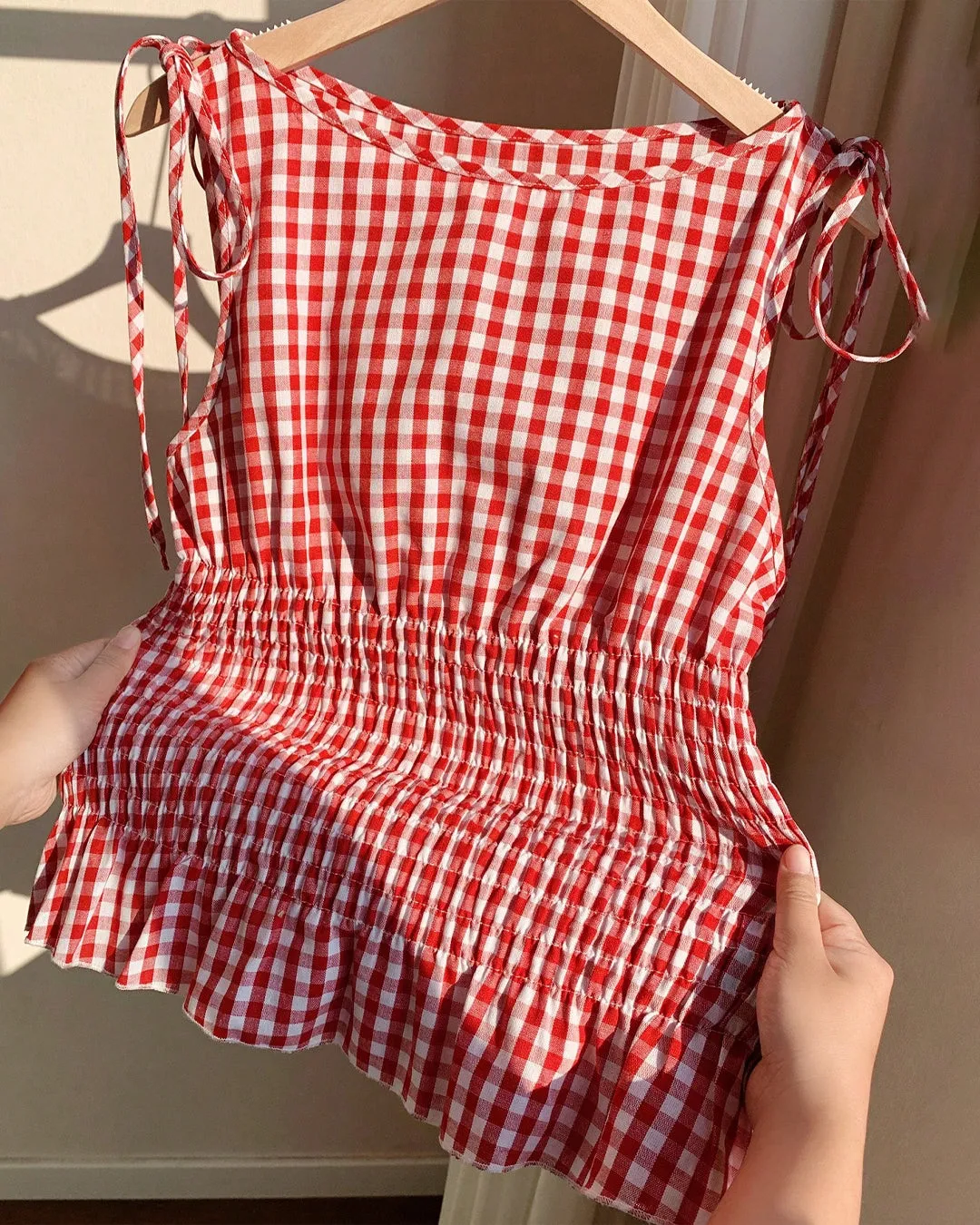 Gingham Smocked Tie Strap Crop Top - Image 4