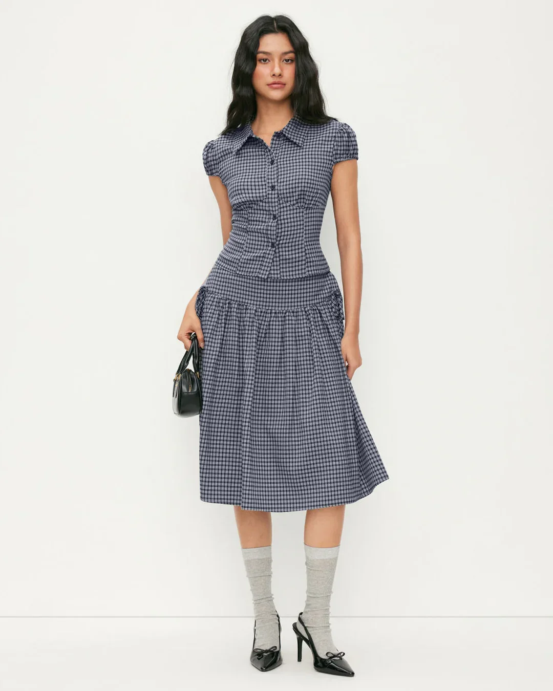 Gingham Top & Low Rise Drawstring Ruched Midi Skirt Set - Image 3