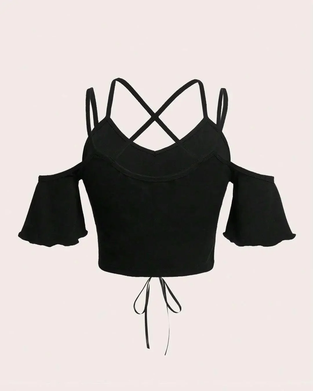 Gothic Lace Up Front Cold Shoulder Black Top - Image 2