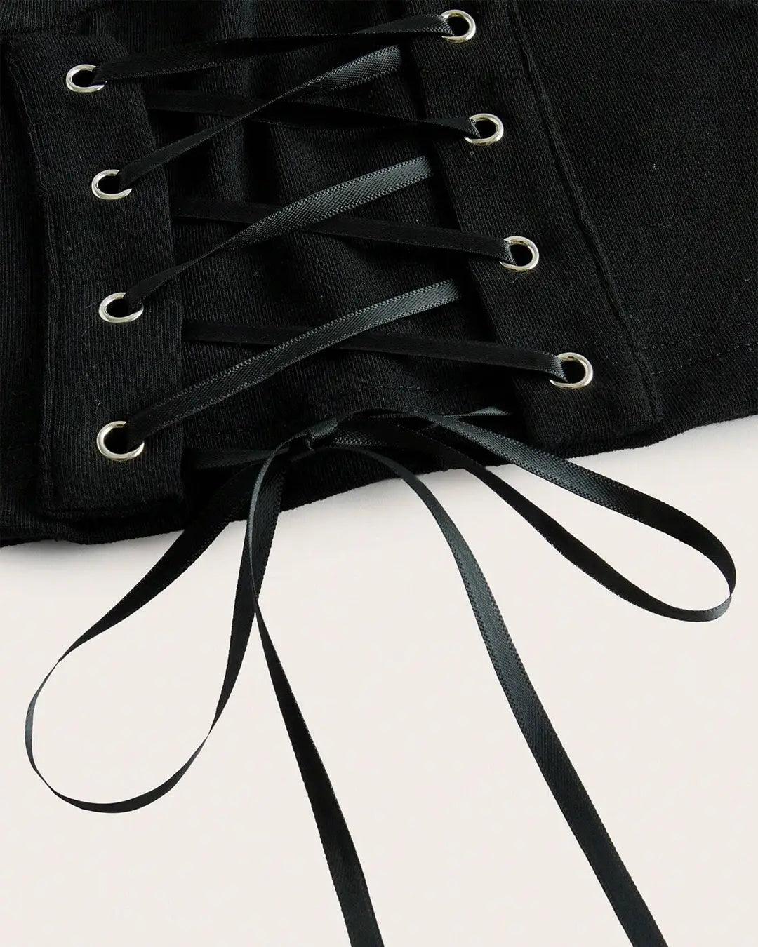 Gothic Lace Up Front Cold Shoulder Black Top - Image 3