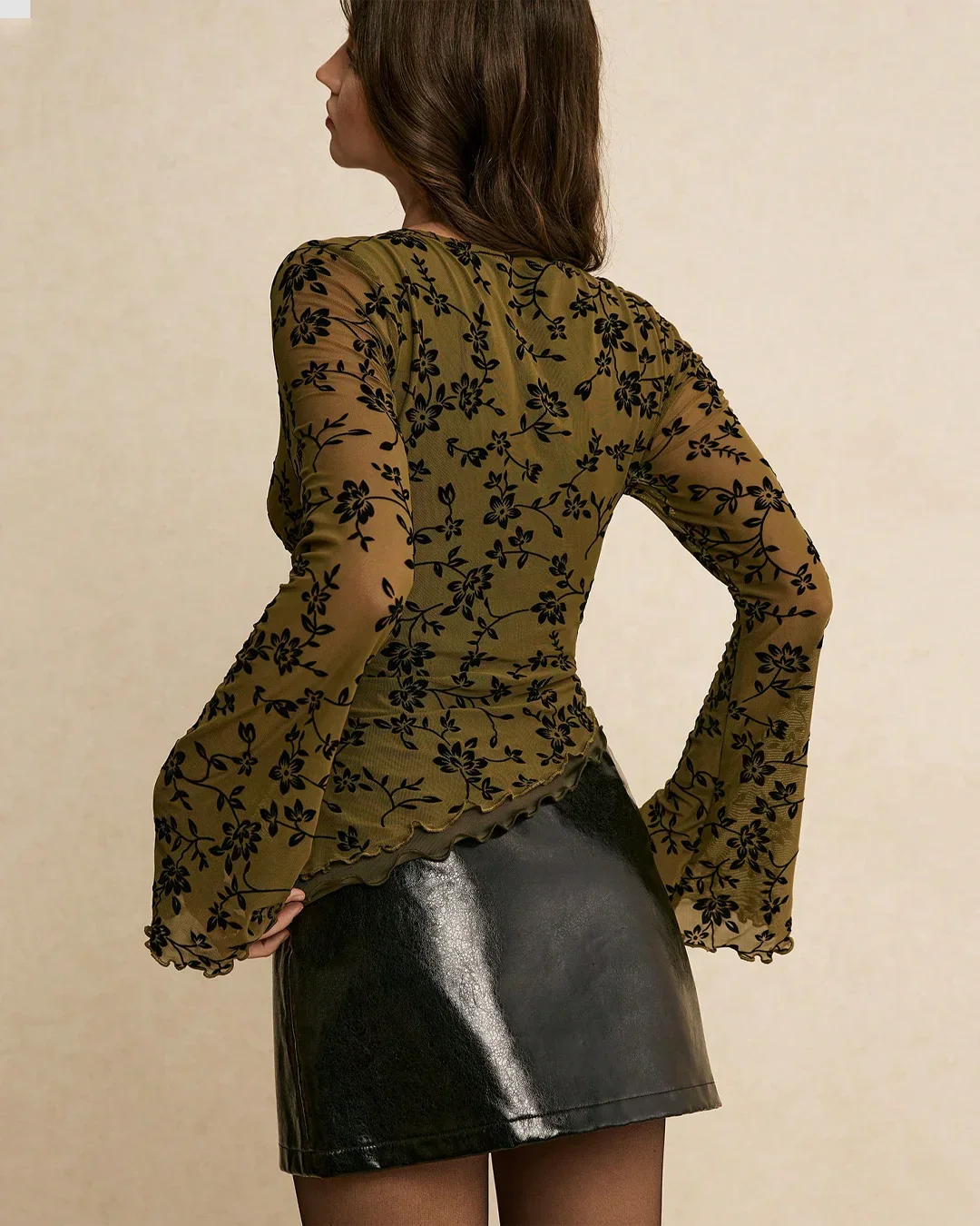Green Floral Boat Neck Asymmetric Hem Bell Sleeve Top - Image 2