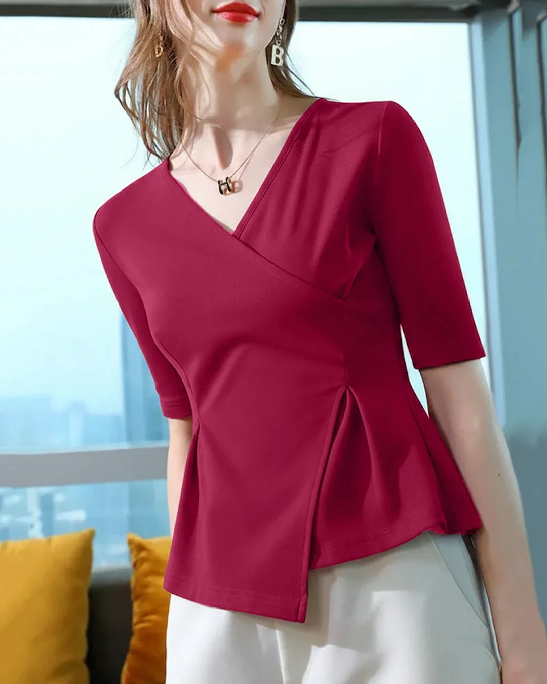 Half Sleeves Asymmetric Solid Color V-Neck Top in Red - Image 3