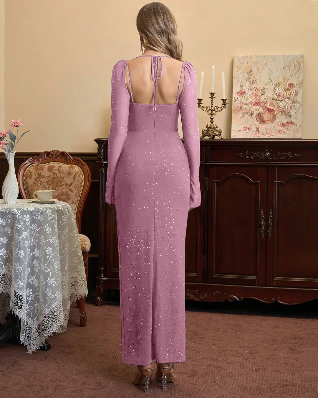 Halter Cut Out Mesh Bodycon Slit Maxi Dress in Pink - Image 2