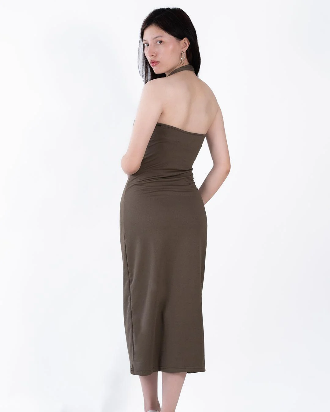 Halter Neck Asymmetrical Midi Dress In Brown - Image 3