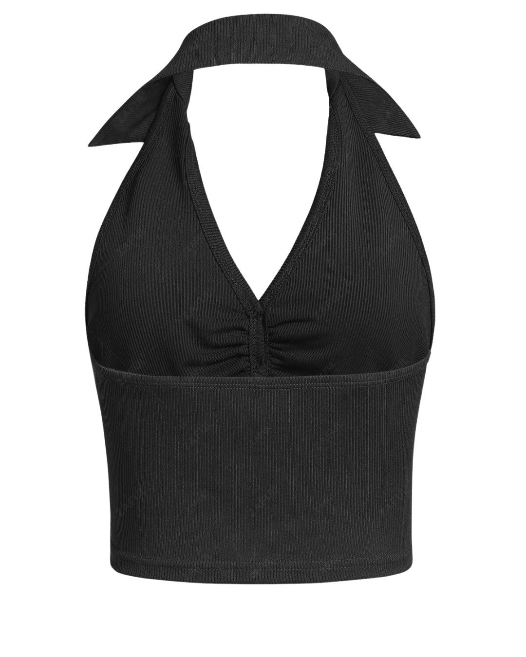 Fitted Halter Neck Button Front Sleeveless Top in Black - Image 5