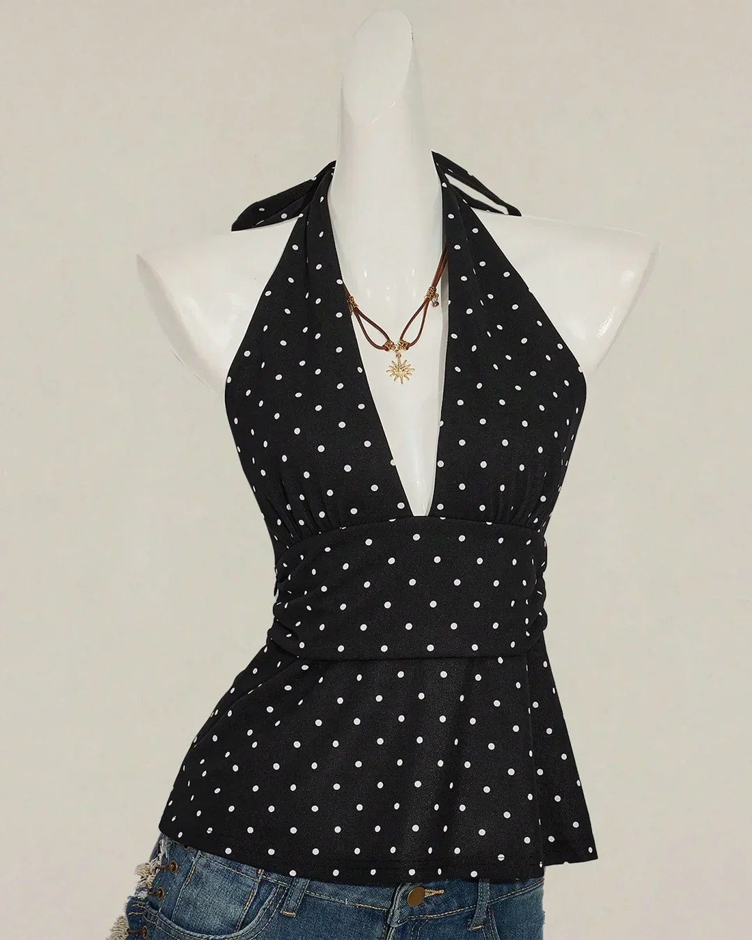 Halter Neck Deep V Polka Dot Wrap Style Top - Image 2