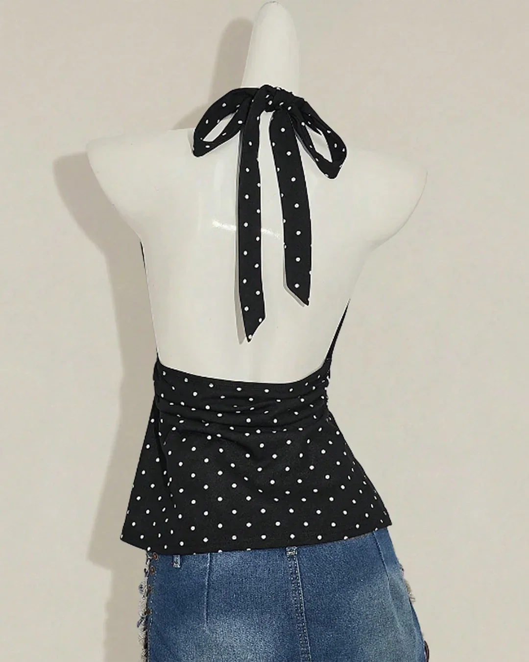 Halter Neck Deep V Polka Dot Wrap Style Top - Image 3