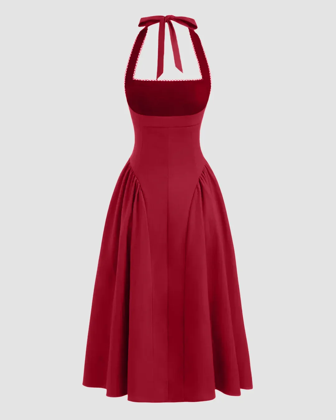 Halter Neck Pleated A-Line Midi Dress in Cherry - Image 2