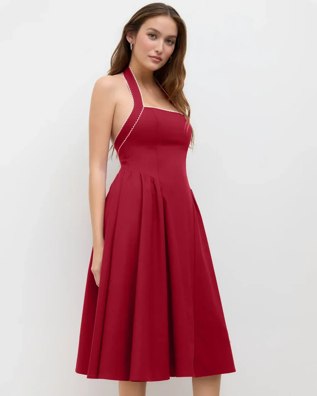 Halter Neck Pleated A-Line Midi Dress in Cherry - Image 3
