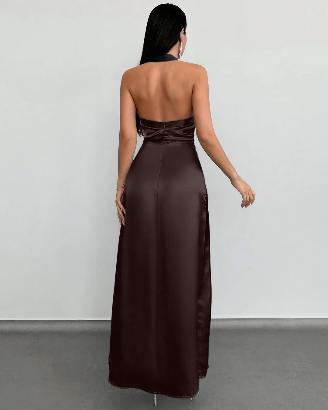 Halter Neck Ruched Backless Long Dress in coffee - Image 2
