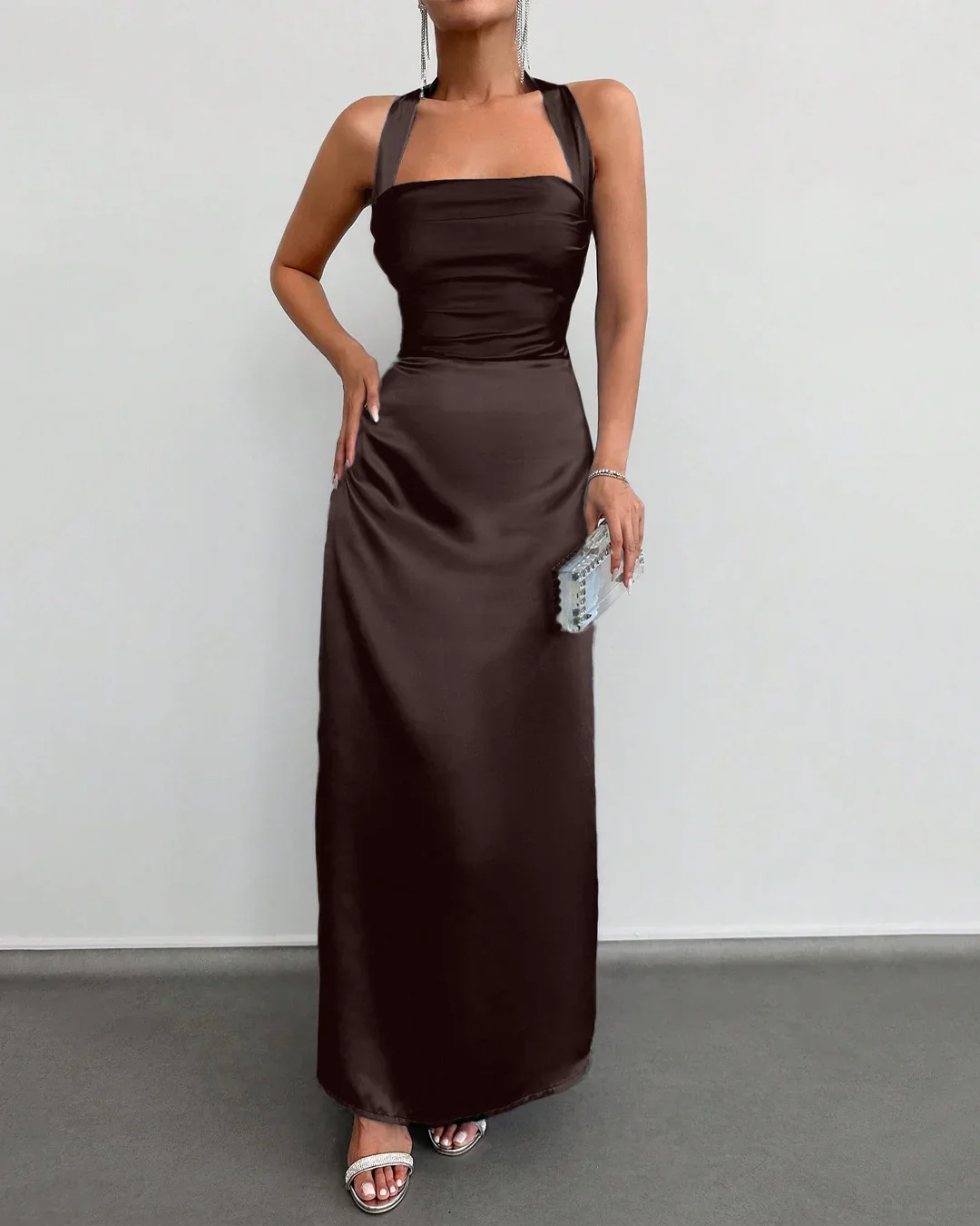 Halter Neck Ruched Backless Long Dress in coffee - Image 3