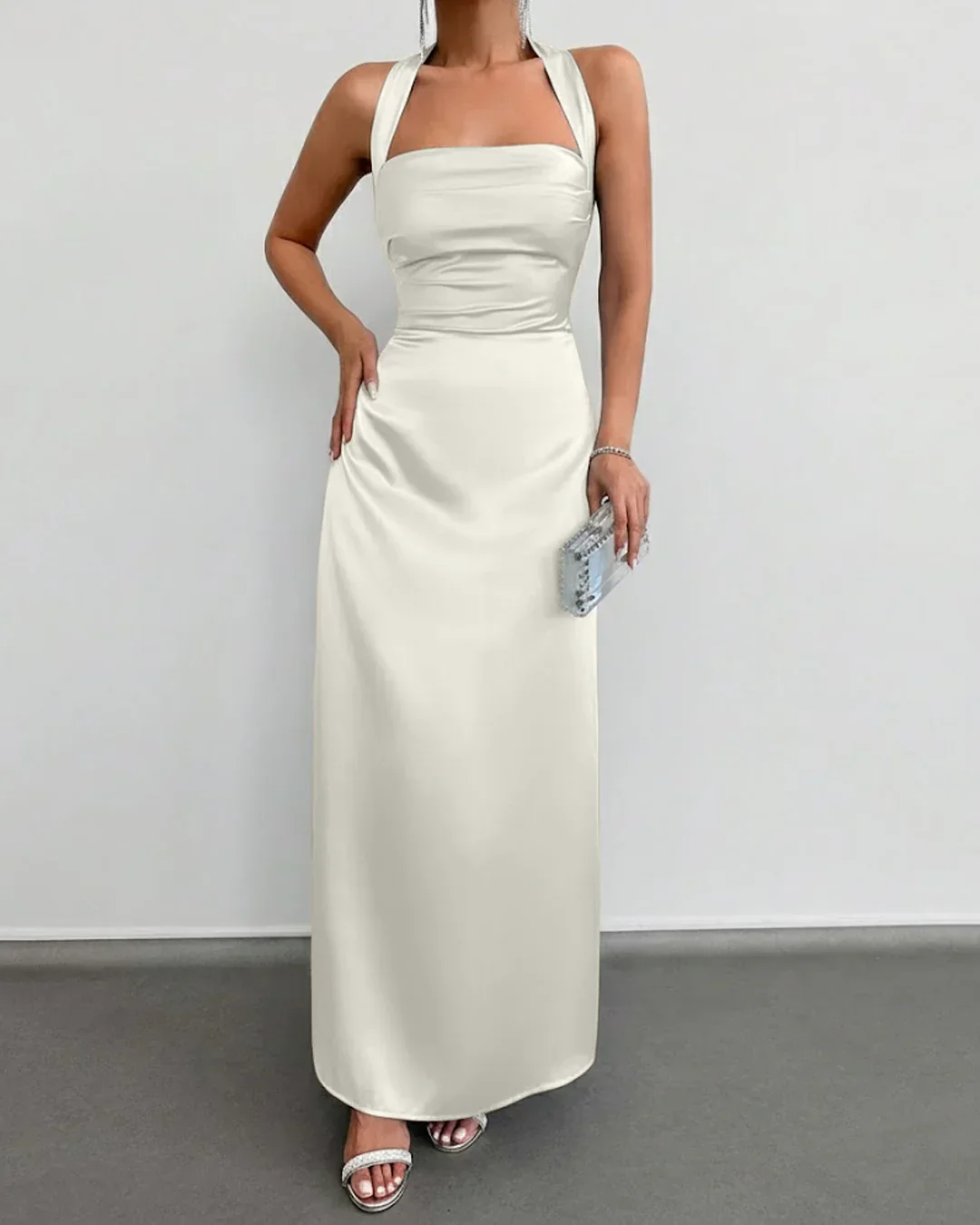 Halter Neck Ruched Backless Long Dress in Off White - Image 2