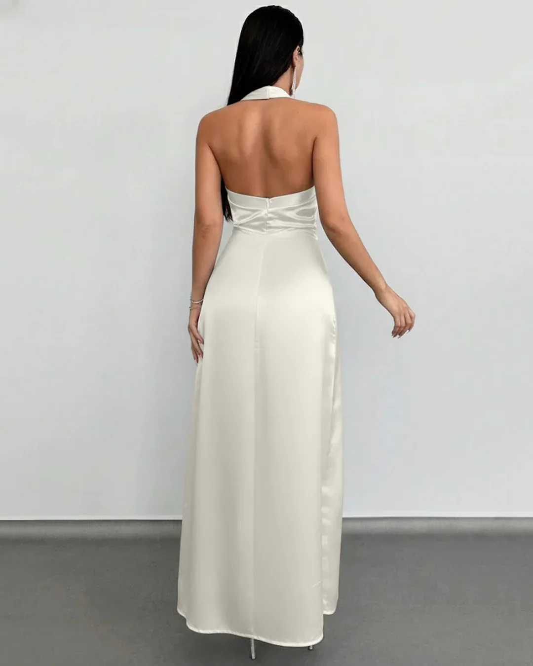 Halter Neck Ruched Backless Long Dress in Off White - Image 3