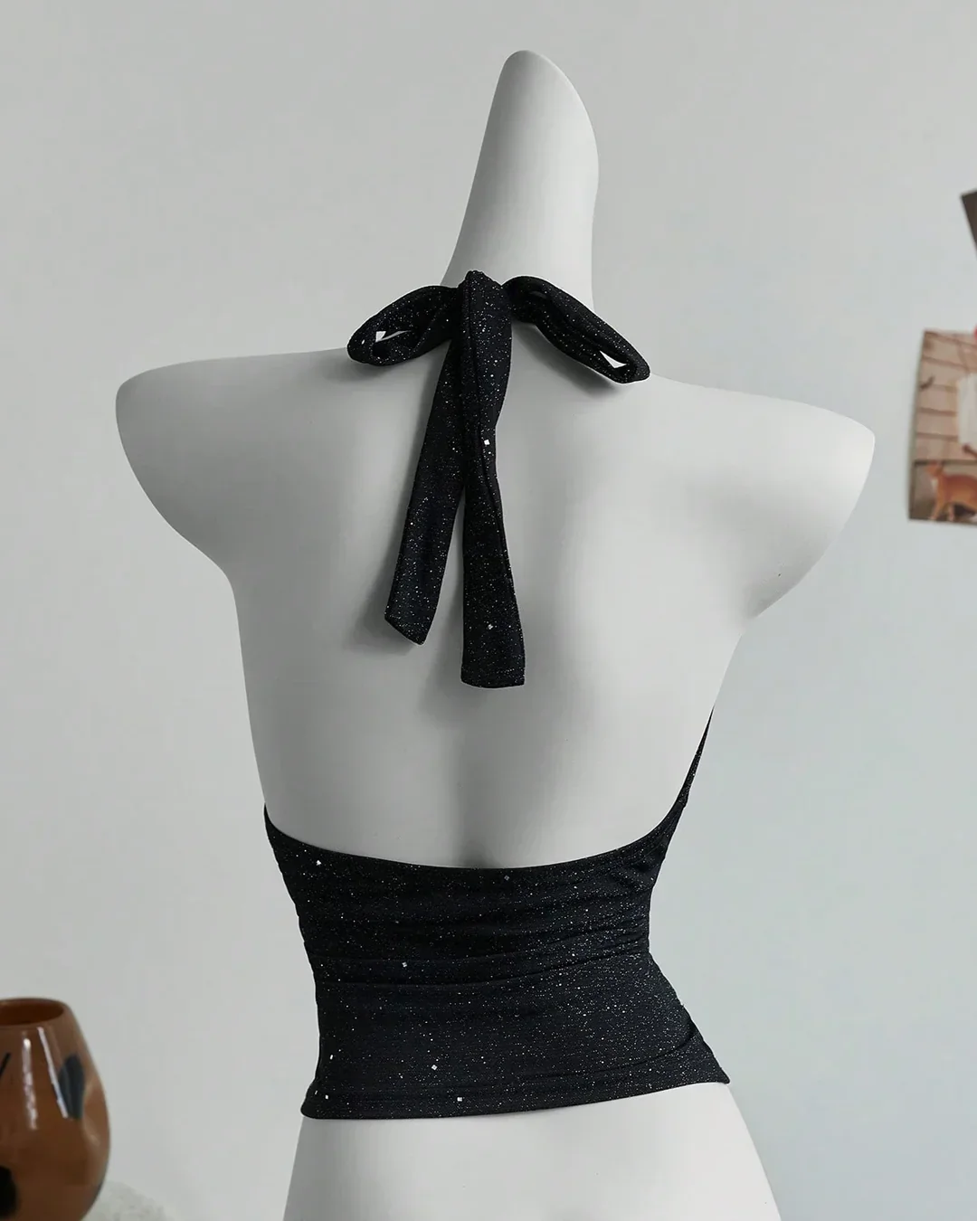Halter Neck Ruched Shimmer Stretch Top in Black - Image 2