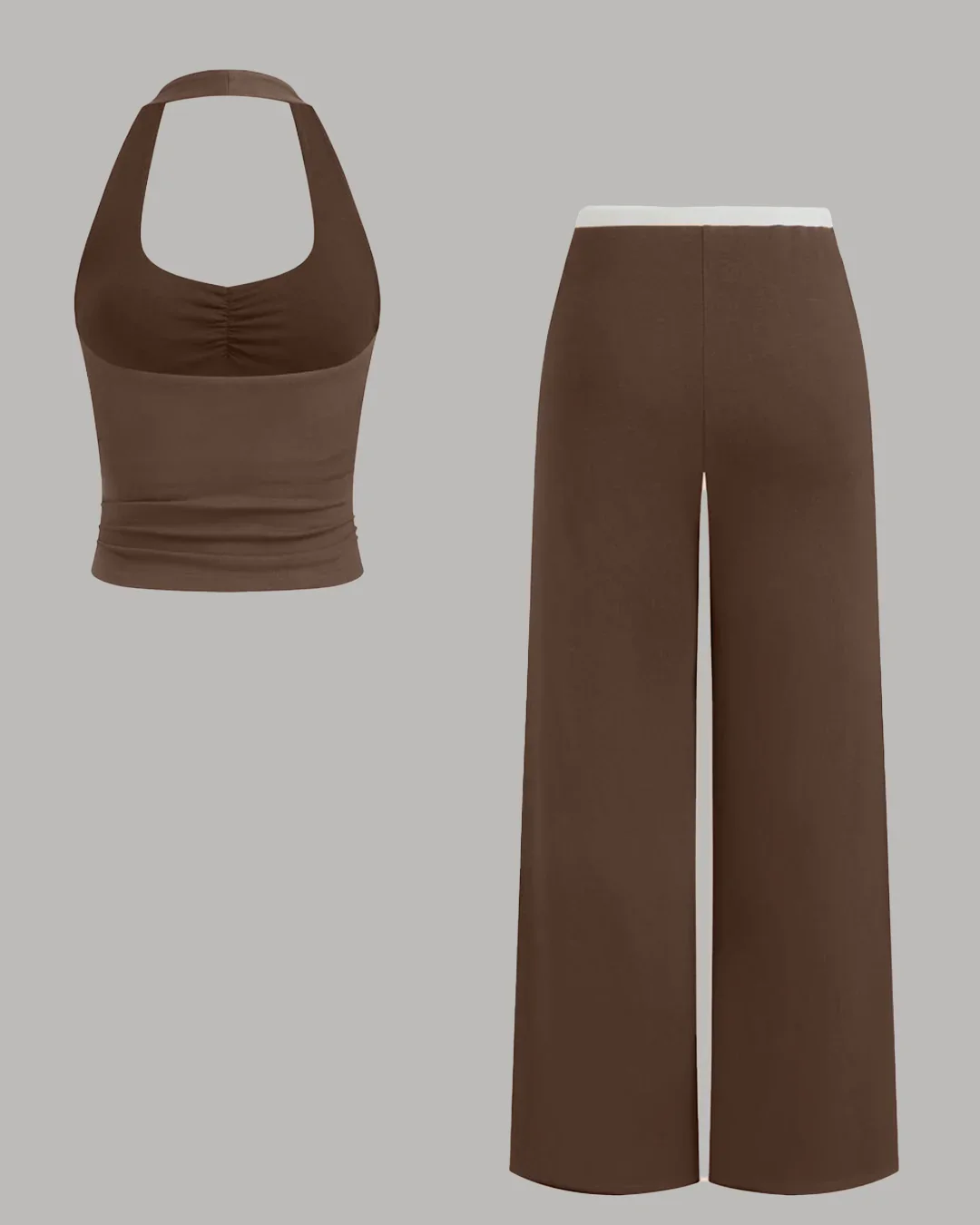 Halter Neck Ruched Top & Mid Rise Drawstring Straight Leg Trousers Set - Image 2